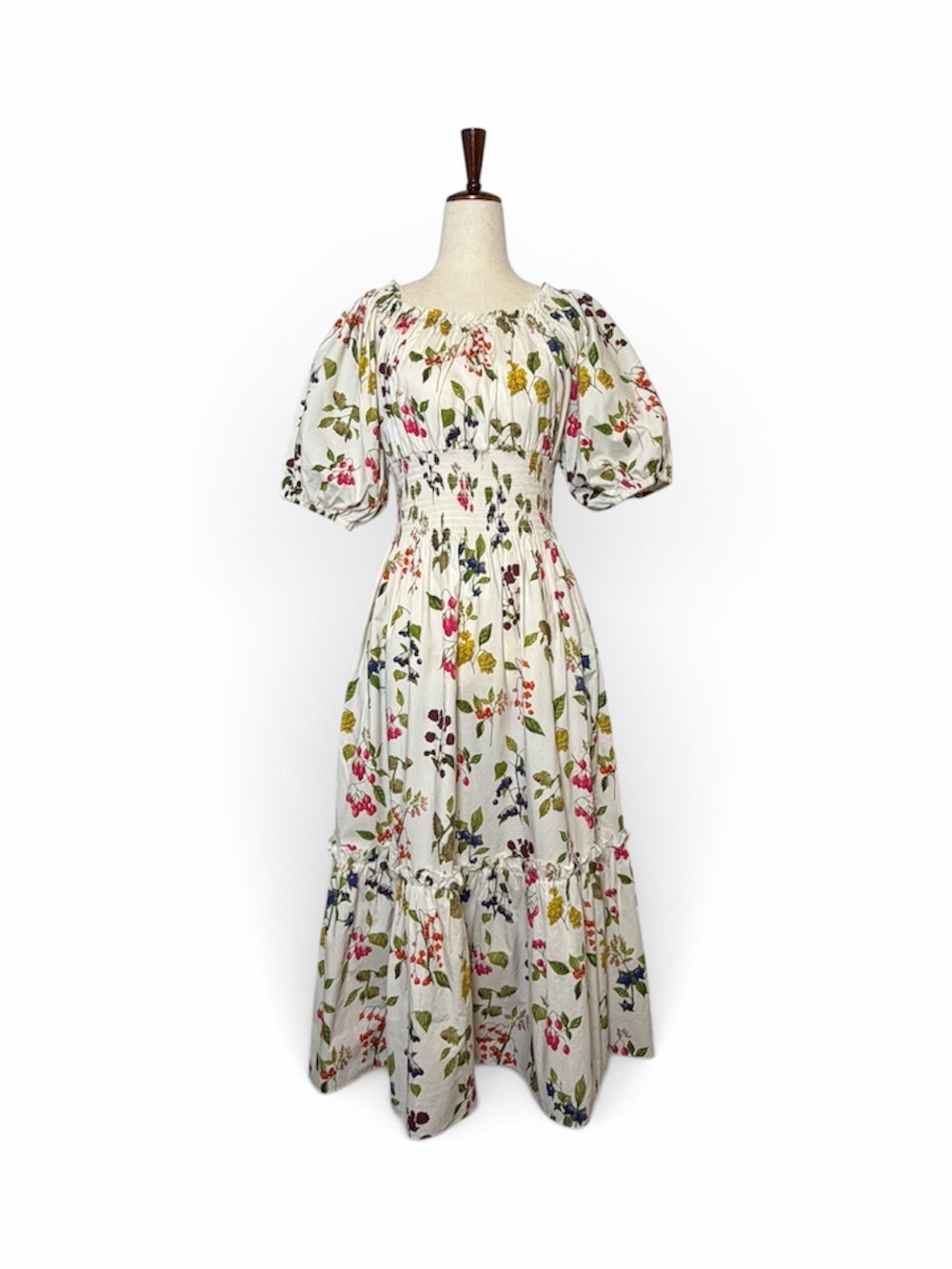 Cara Cara Mimi Dress Botanical Allover Ivory Small Floral Cotton Smocked Midi